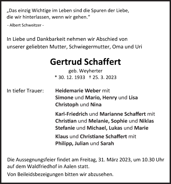 Traueranzeige von Gertrud Schaffert von Schwäbische Post