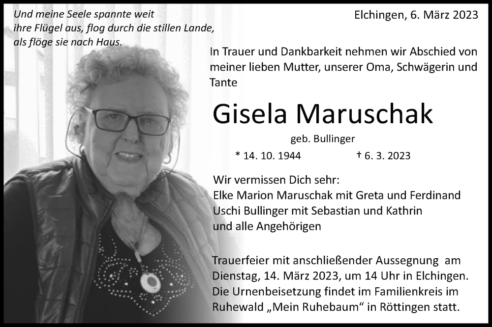  Traueranzeige für Gisela Maruschak vom 08.03.2023 aus Schwäbische Post