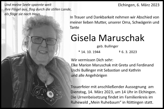 Traueranzeige von Gisela Maruschak von Schwäbische Post