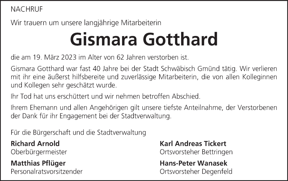  Traueranzeige für Gismara Gotthard vom 23.03.2023 aus Gmünder Tagespost