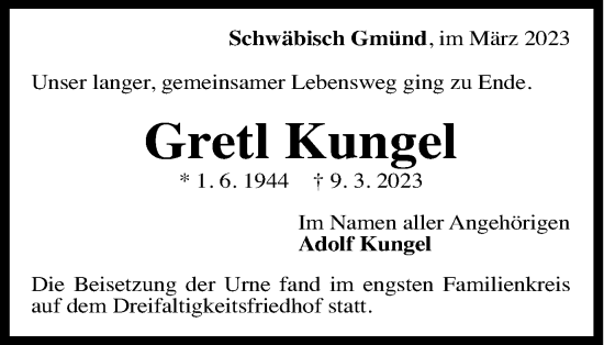Traueranzeige von Gretl Kungel von Gmünder Tagespost