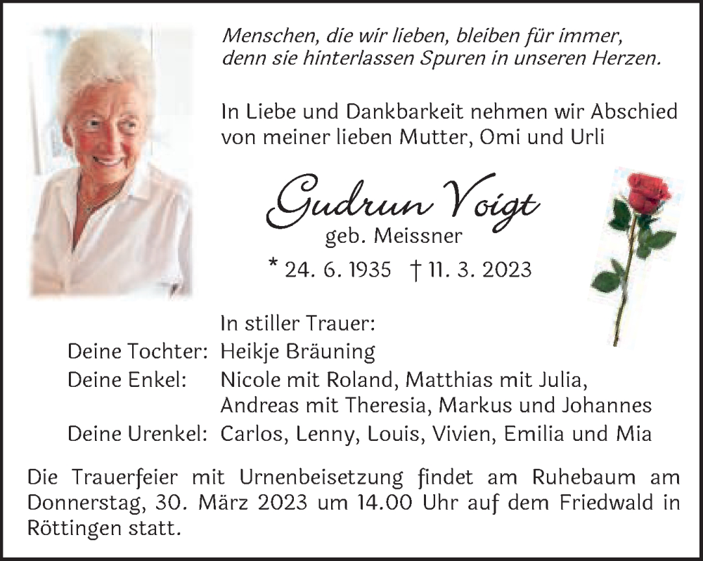  Traueranzeige für Gudrun Voigt vom 17.03.2023 aus Schwäbische Post