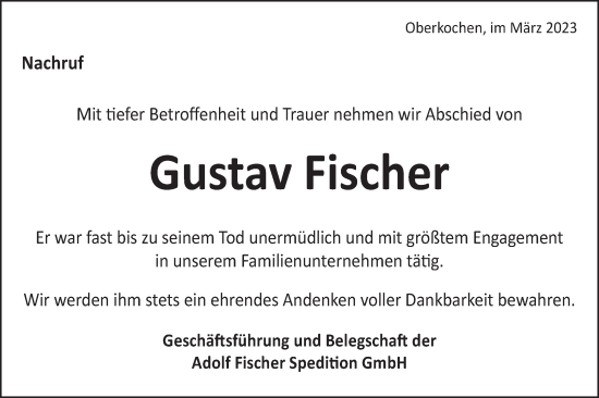 Traueranzeige von Gustav Fischer von Schwäbische Post