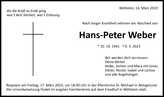 Traueranzeige von Hans-Peter Weber von Schwäbische Post
