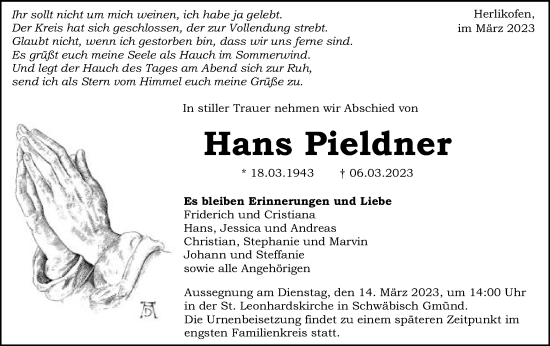 Traueranzeige von Hans Pieldner von Gmünder Tagespost