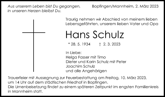 Traueranzeige von Hans Schulz von Schwäbische Post