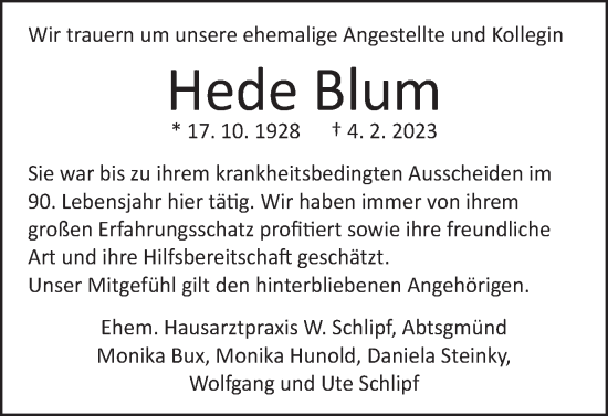 Traueranzeige von Hede Blum von Kocher-Lein-Bote