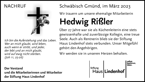 Traueranzeige von Hedwig Rißler von Gmünder Tagespost
