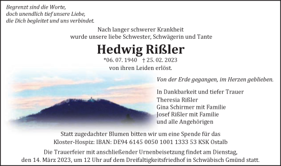 Traueranzeige von Hedwig Rißler von Gmünder Tagespost