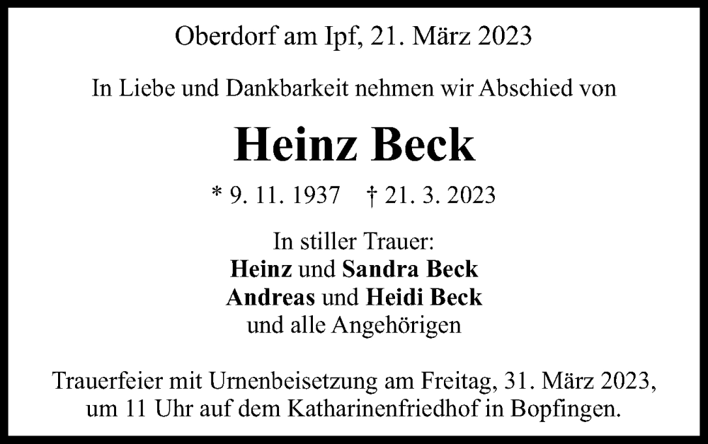  Traueranzeige für Heinz Beck vom 25.03.2023 aus Schwäbische Post