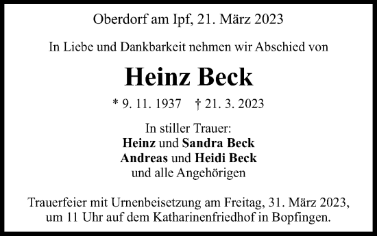 Traueranzeige von Heinz Beck von Schwäbische Post