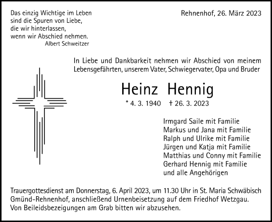 Traueranzeige von Heinz Hennig von Gmünder Tagespost