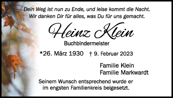 Traueranzeige von Heinz Klein von Schwäbische Post