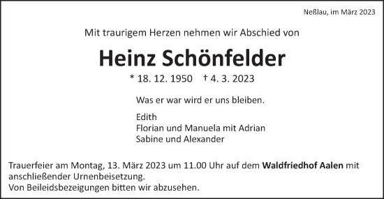 Traueranzeige von Heinz Schönfelder von Schwäbische Post