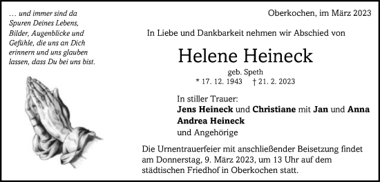 Traueranzeige von Helene Heineck von Schwäbische Post