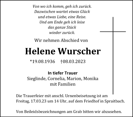 Traueranzeige von Helene Wurscher von Gmünder Tagespost
