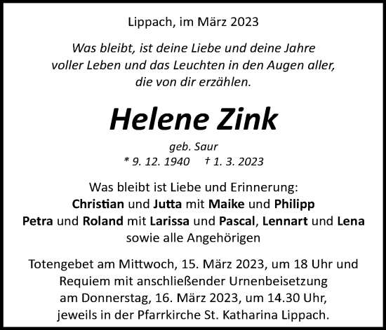 Traueranzeige von Helene Zink von Schwäbische Post