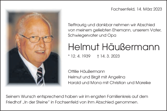 Traueranzeige von Helmut Häußermann von Schwäbische Post