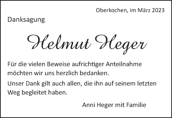 Traueranzeige von Helmut Heger von Schwäbische Post