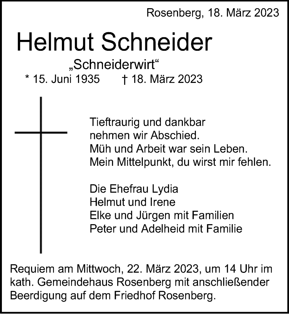  Traueranzeige für Helmut Schneider vom 21.03.2023 aus Schwäbische Post