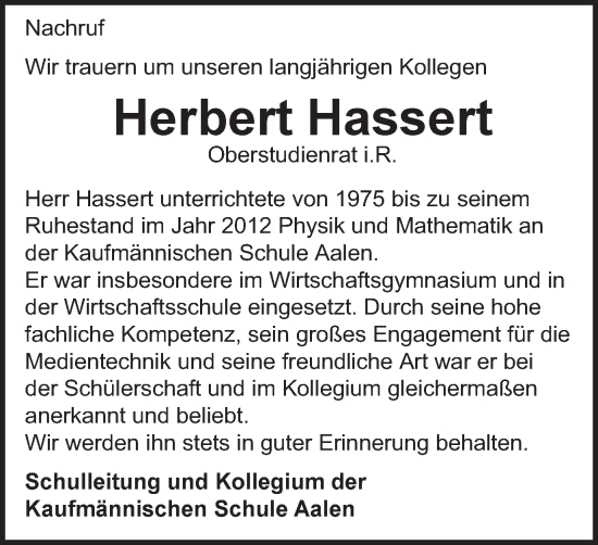 Traueranzeige von Herbert Hassert von Schwäbische Post
