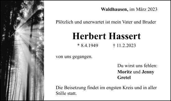 Traueranzeige von Herbert Hassert von Gmünder Tagespost