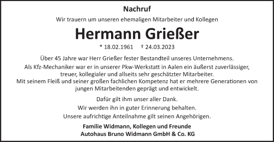 Traueranzeige von Hermann Grießer von Schwäbische Post