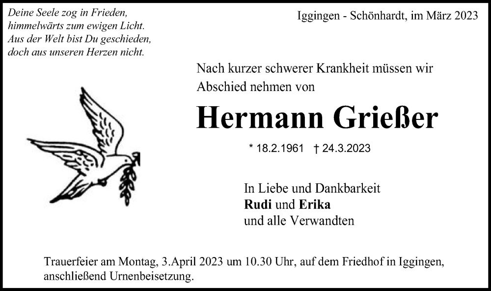  Traueranzeige für Hermann Grießer vom 30.03.2023 aus Gmünder Tagespost