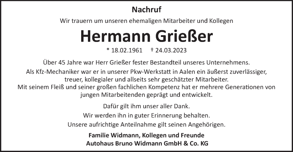  Traueranzeige für Hermann Grießer vom 31.03.2023 aus Schwäbische Post