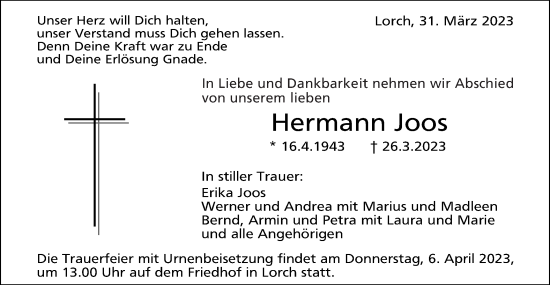 Traueranzeige von Hermann Joos von Gmünder Tagespost