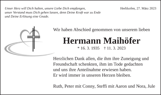 Traueranzeige von Hermann Maihöfer von Gmünder Tagespost