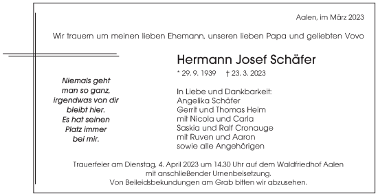 Traueranzeige von Hermann Josef Schäfer von Schwäbische Post