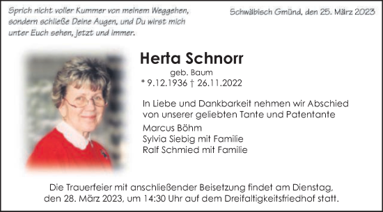 Traueranzeige von Herta Schnorr von Gmünder Tagespost