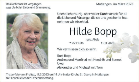 Traueranzeige von Hilde Bopp von Gmünder Tagespost