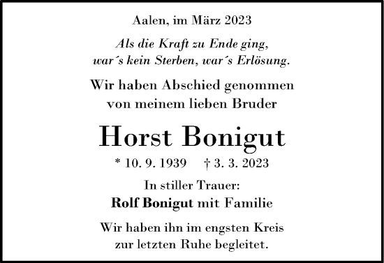 Traueranzeige von Horst Bonigut von Schwäbische Post