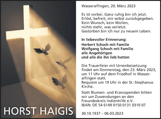 Traueranzeige von Horst Haigis von Schwäbische Post
