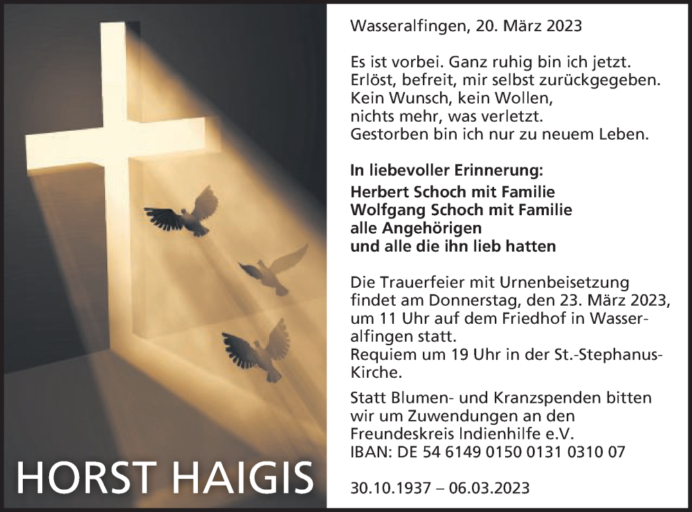  Traueranzeige für Horst Haigis vom 20.03.2023 aus Schwäbische Post