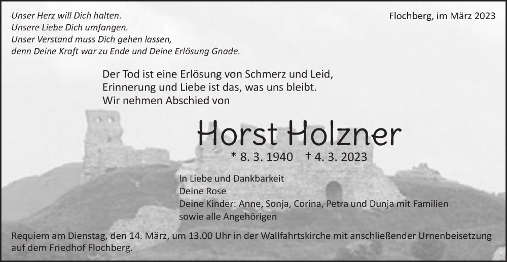  Traueranzeige für Horst Holzner vom 11.03.2023 aus Schwäbische Post