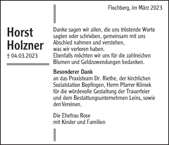 Traueranzeige von Horst Holzner von Bopfinger Stadtanzeiger