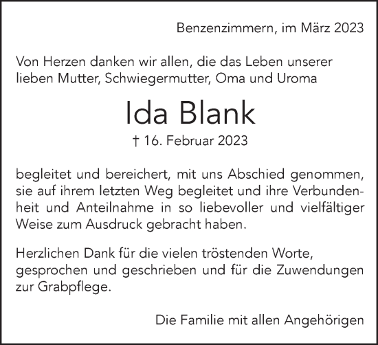 Traueranzeige von Ida Blank von Schwäbische Post