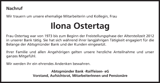 Traueranzeige von Ilona Ostertag von Kocher-Lein-Bote