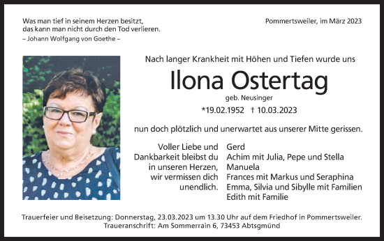 Traueranzeige von Ilona Ostertag von Schwäbische Post