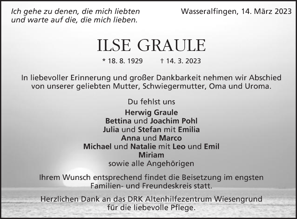  Traueranzeige für Ilse Graule vom 18.03.2023 aus Schwäbische Post