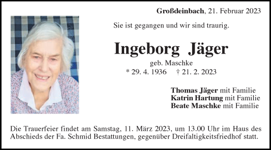 Traueranzeige von Ingeborg Jäger von Gmünder Tagespost