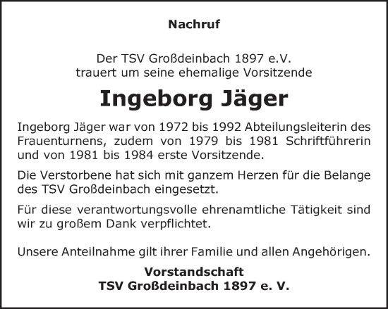 Traueranzeige von Ingeborg Jäger von Gmünder Tagespost