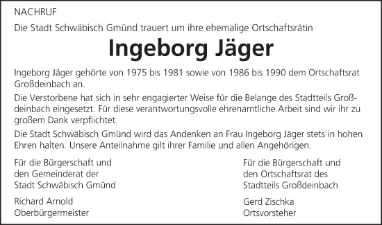 Traueranzeige von Ingeborg Jäger von Gmünder Tagespost