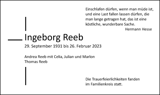 Traueranzeige von Ingeborg Reeb von Gmünder Tagespost