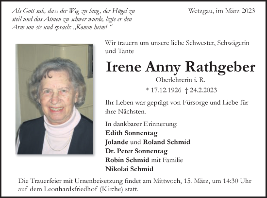 Traueranzeige von Irene Anny Rathgeber von Gmünder Tagespost