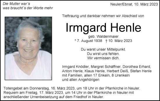 Traueranzeige von Irmgard Henle von Schwäbische Post