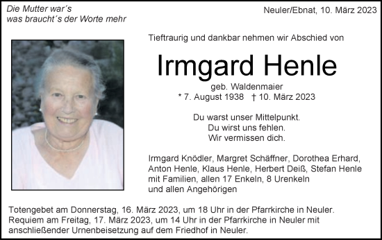 Traueranzeige von Irmgard Henle